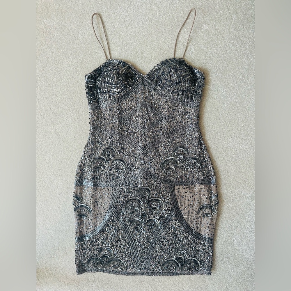 Aidan Mattox Silver Sequin Silk Dress Size 8